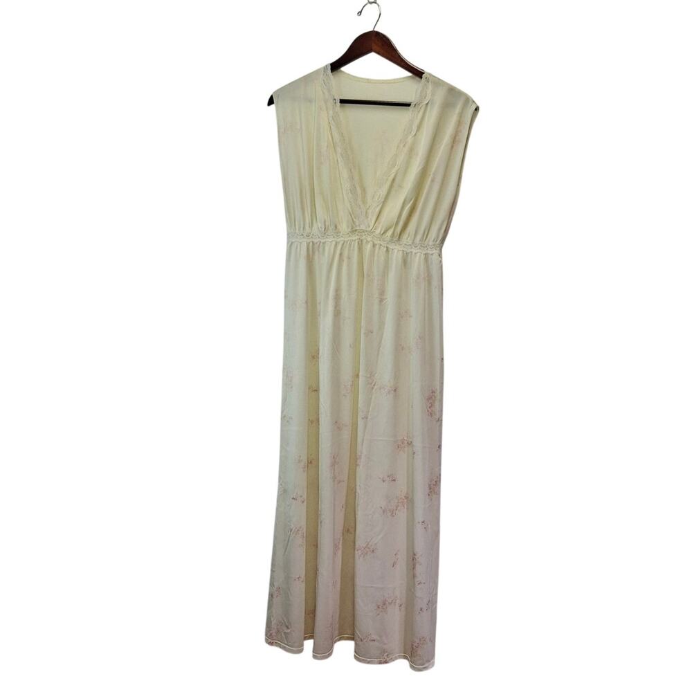Miss Elaine Vintage Nightgown Ivory Beige Floral Lace Bodice Goddess M